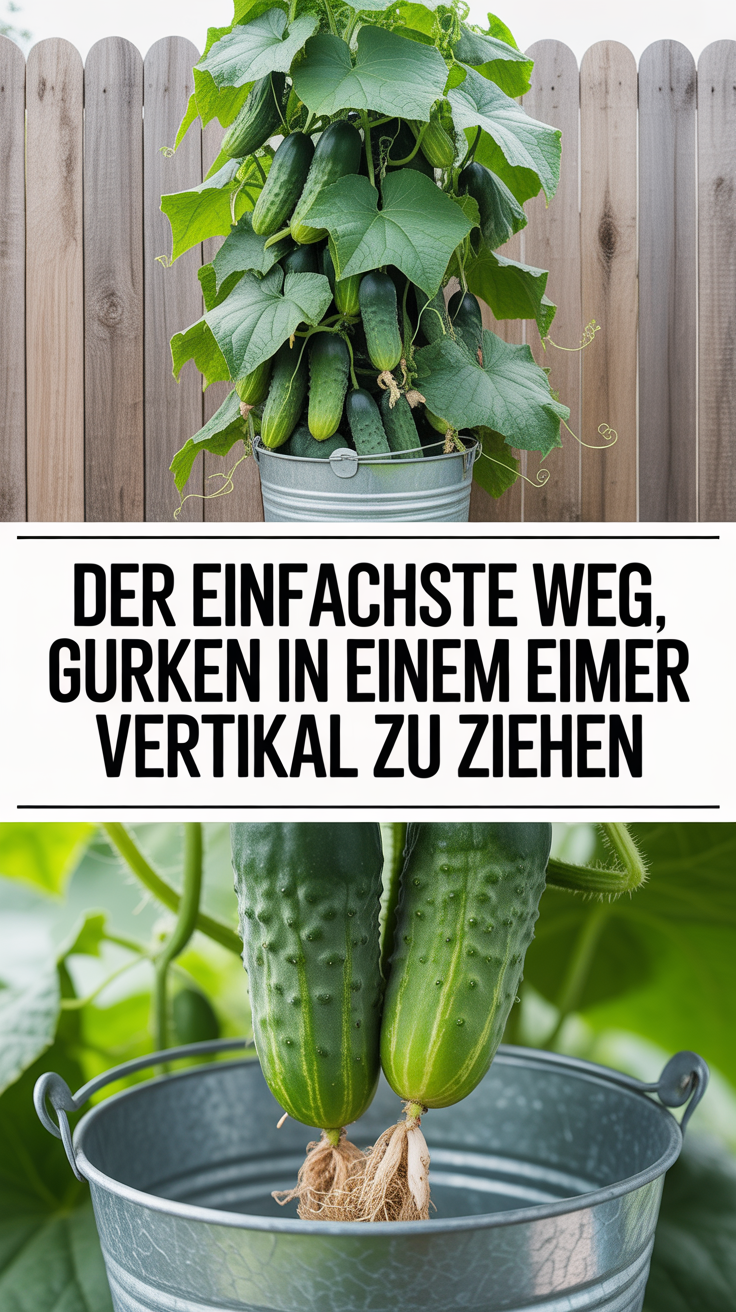 Der einfachste Weg, Gurken in einem Eimer vertikal zu ziehen