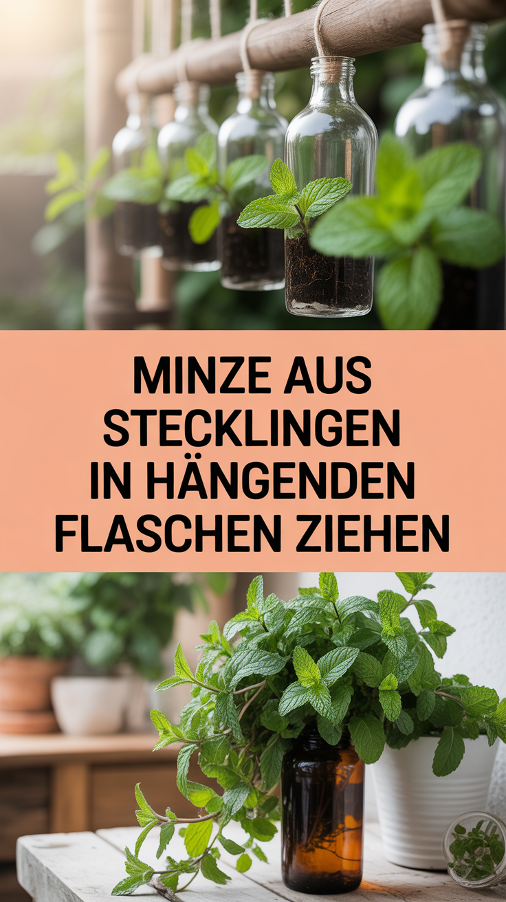 Minze aus Stecklingen in hängenden Flaschen ziehen